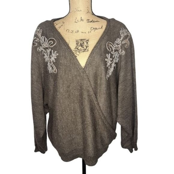 Vintage Brown Western Floral Embroidery Dolman Sleeve Cozy Sweater - Picture 3 of 12